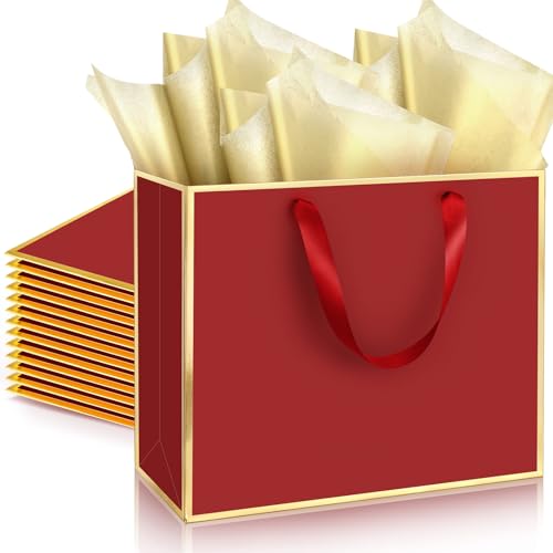 ReliThick 12 Pack Metallic Paper Gift Bag with Handles and Tissue Paper 11.8 x 10 x 4 Thank You Favor Bag for Graduation Mothers Day Wedding Bridesmaid Groomsman 5 Senses Gifts (Burgundy Red Gold)