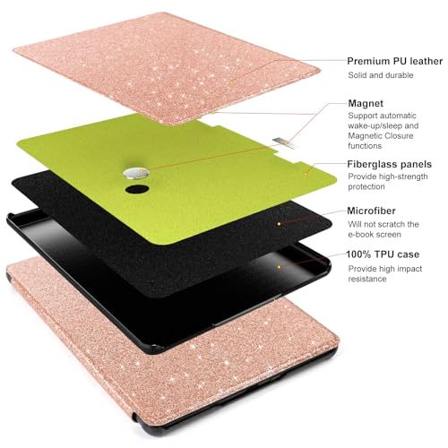 Image of CoBak Case for All New 6 Inch E-Reader 2024 and 2022 (11 Generation) - PU Leather Smart Cover, Auto Sleep and Wake, not Compatible with Kobo Clara,Rosegold Glitter
