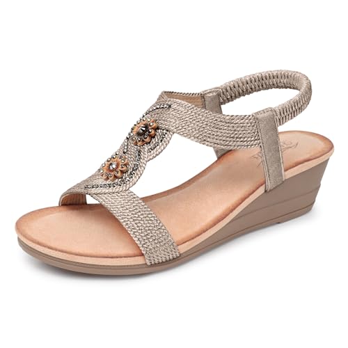 SHIBEVER Womens Sandals Wedge Low: Elastic Ankle Strap Wedge Sandal - Dressy Sandals Women - Comfortable Open Toe Champagne Size 8