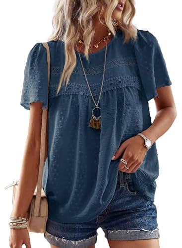 Falechay Plus Size Tops for Women Swiss Dot Solid Lace Flowy Short Sleeve Blouse Boho Round Neck Girls Loose Fit 2026 Lake Blue XXL