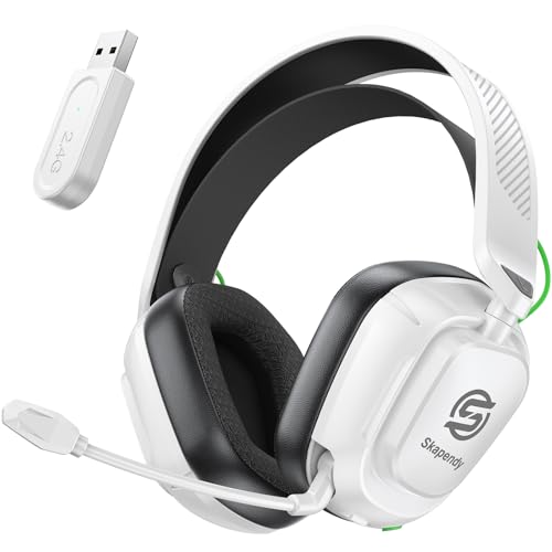 SKAPENDY 2.4GHz Wireless Gaming Headset for PS5/4, PC, Low-Latency Bluetooth Gaming Headphones with Stereo Sound, Noise Canceling Mic, Phantom White