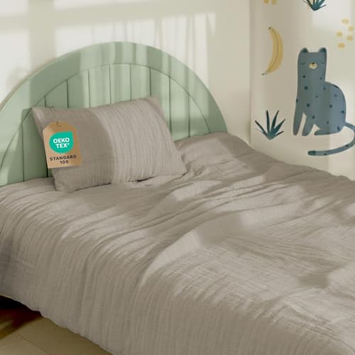 Dreamzie Funda nordica 100x135 cm con Funda de Almohada 40x60 cm – Ropa de Cuna en Muselina de algodón certificada Oeko-Tex – Color Taupe