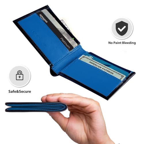 Slim Leather Wallet for Men & Women – Genuine Leather Bifold Card Holder – Handmade Minimalist Wallet with Multiple Card Slots & Bill Compartments – Front Pocket Design – Black & Blue2