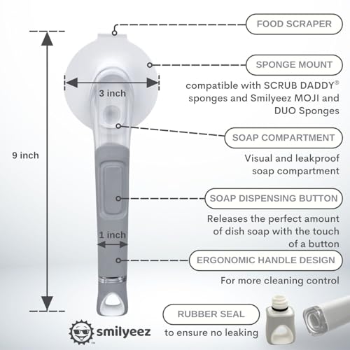 Image of The Original Smiling Sponge Handle Soap Dispensing Handle by Smilyeez for the Smiling Sponge with Smilyeez Caddy & Dishwand with 2 Scrub Brushes (Light Blue)