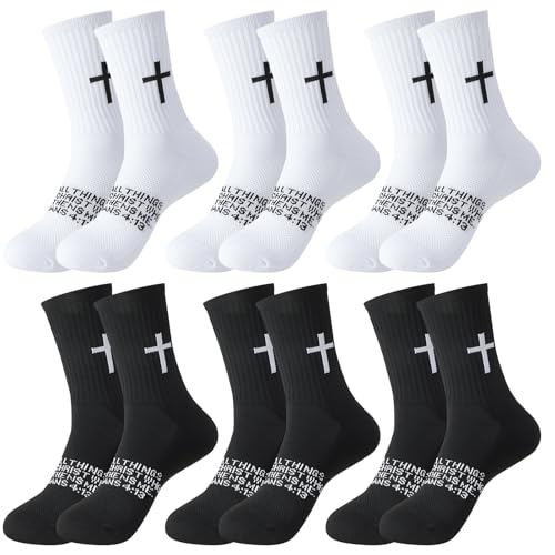 scenicamp 6 Pairs Christian Cross Socks with Bible Verse 4:13 White Black