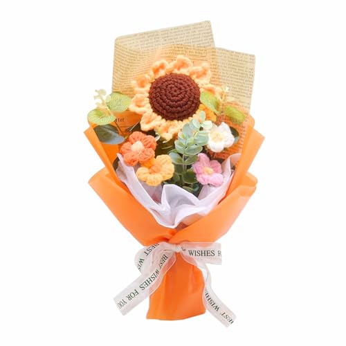 YUNBIAOSEN Crochet Flowers Bouquet Handmade Knitted Bouquet Crochet Flower Kit Knitted Fake Sunflower Daisy Gift for Mother Wife on Birthday Anniversary (Orange)