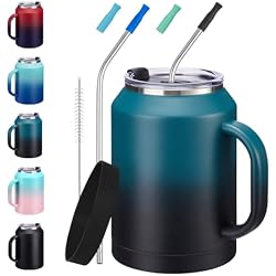 VICKNIY 50 oz Insulated Tumbler with Handle and Straw - Stainless Steel Double Wall Coffee Mug, 2-in-1 Lid Metal Water Bottle, 36H Cold 24H Hot Travel Hydro Cup Jug with Silicone Boot