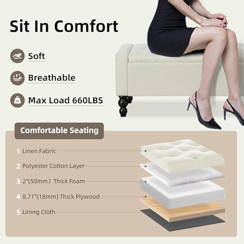 Image of 50 inch W Storage Ottoman Bench with Safety Hinge, Load up to 660 lb Ottoman with Storage, Upholstered Tufted Entryway Bench with Seating for Living Room, Bedroom, (Beige)