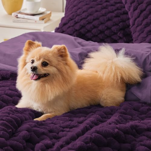Image of BEDELITE Fluffy King Size Comforter Set - Purple Fleece Soft Comforter for King Size Bed, Luxury Warm Bedding Set for Winter, Fuzzy Bed Set 3 Pieces (1 Comforter, 2 Pillowcases)