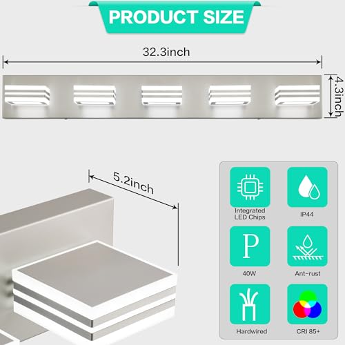 Image of SOLFART LED Bathroom Lighting Fixtures - 5 Lights Modern Brushed Nickel Acrylic Vanity Lights for Mirror 32inch 24W