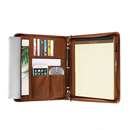 Handmade Crazy-Horse Leather 3-Ring Binder Portfolio Vintage Padfolio , Zippered Closure, Business Organizer Tablet Folio Folder,Professional Organizer Gift For Men & Women #TOP1