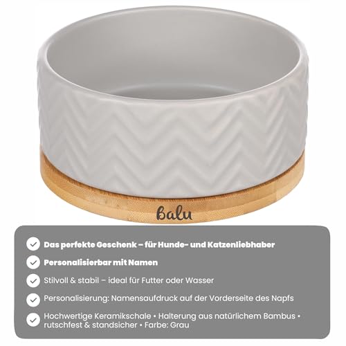 Personalisierter Bianco Keramiknapf 990 ml Bambus Grau – rutschfest, leicht & hygienisch – Futter- und Wassernapf – für mittelgroße Hunde und große Katzen – personalisiert mit Namen – Petslino