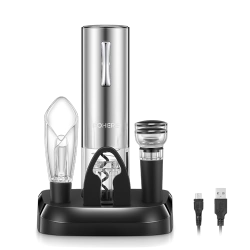 FOHERE Sacacorchos Eléctrico, Abridor de Vino Electrico con Base de Recarga, Cortador, Vertedor, Tapón de vacío de silicona, Regalo de para los amantes del vino
