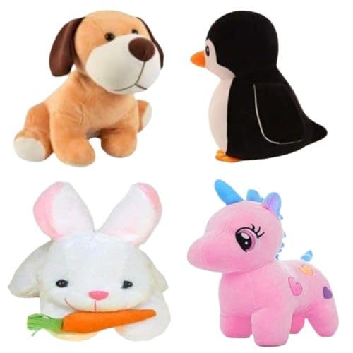 Image of Pack of 4 Elegant Soft Animals Stuffed Plush Fur Soft Toys Combo Set for Kids /Childrens /Boys /Girls Playing Birthday Gift Dog,Penguine,Rabbit,Unicorn