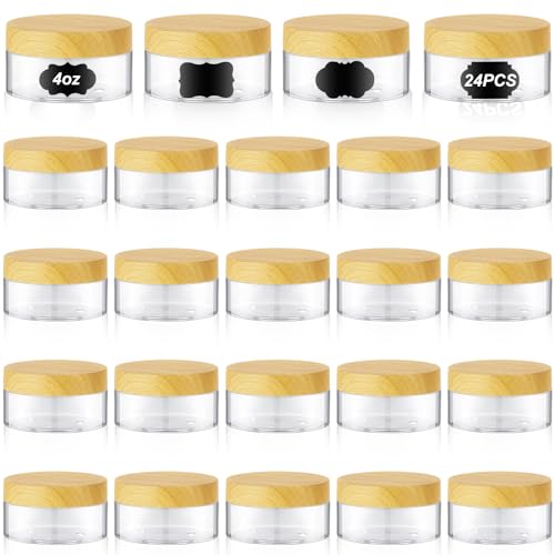 24 Pack 4 oz Clear Cosmetic Jars with Wood Grain Lids and Labels for Creams