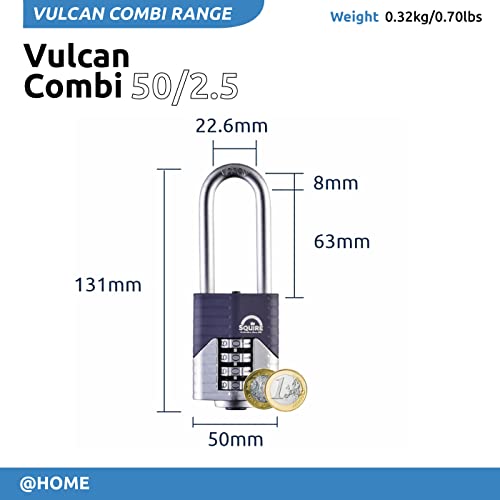 Squire Heavy Duty Padlock (Vulcan Combi 50/2.5) - Toughest Long Shackle - 4 Wheel Vulcan Padlock - Steel Cast Alloy For Corrosion Resistance - Weatherproof Lock For Home & School (Blue, 50 Mm) #TOP2