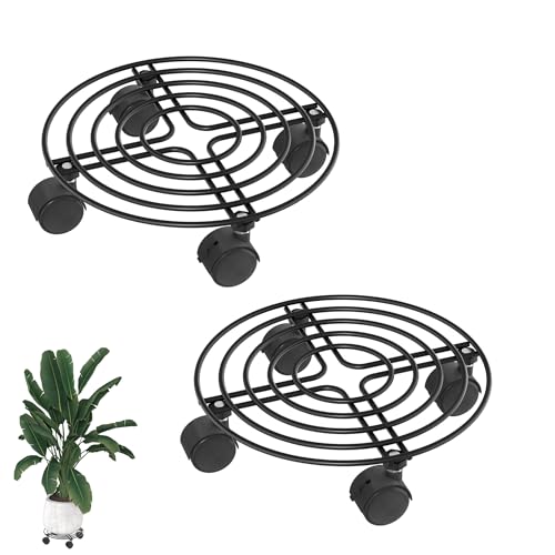 TATIVALO 2er Set Pflanzenroller Metall Blumenroller 30cm Rund Blumentopfuntersetzer mit 4 Lenkrollen für Innen- & Außenbereich Garten Rund A