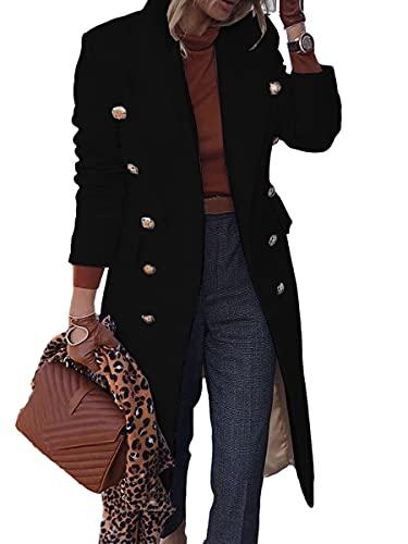BZB Women's Elegant Notched Collar Double Button Slim Long Wool Blend Pea Coat Jacket