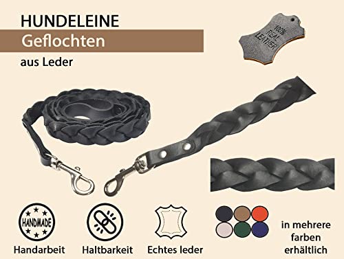 VlaMitex D1 Hundeleine Freihandleine Leder Führleine Hunde-Führleine Fettlederleine Elchlederleine Schleppleine Geflocheten 6 Farben (Schwarz, 200 cm - D1-20-1)