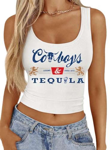 Western Cowgirl Tank Tops Women Country Music Crop Top Sleeveless Cowboy Graphic Cami Shirt White
