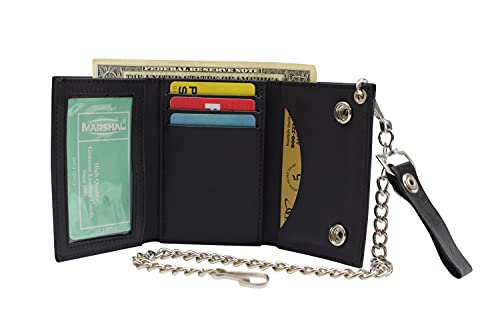 MARSHAL Men's Genuine Leather Black Trifold Wallet with Chain Biker Trucker Motorcycle