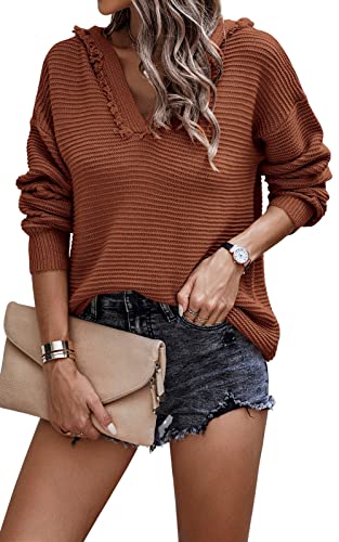 Image of PRETTYGARDEN Fall Sweaters for Women 2024 Long Sleeve Hoodie V Neck Ribbed Knit Pullover Tops