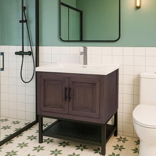 32”Wood Grain Bathroom Vanity with White Ceramic Sink & Faucet,Freestanding Bathroom Cabinet with Solid Metal Frame,Single Bathroom Vanities Cabinet with Open Metal Shelf and 2 Storage Doors Brown