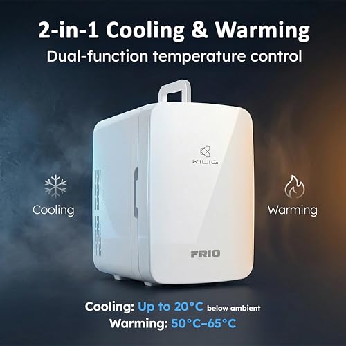 Image of KILIG Frio Mini Fridge | Portable Cooler & Warmer | 240V AC & 12V DC Power for Home & Car | Smart Temperature Control | Perfect for Food & Beverages, Travel, Skincare, Medicine | White