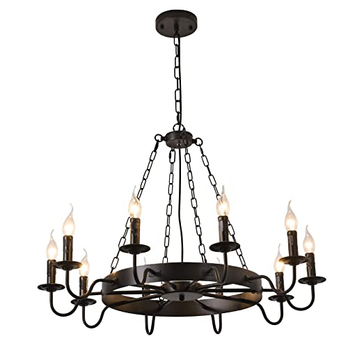 HXYSXHJUO Lámpara Colgante Redonda Negra de 10/12 Cabezales para Pasillo, Estilo Rueda de Carro, lámpara de araña para Dormitorio, Luces Colgantes para Mesa de Comedor, 32in/41in