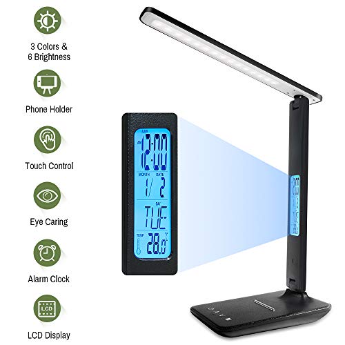 Preisvergleich Produktbild ERAY LED Dimmbare Schreibtischlampe, LED Schreibtischlampe mit Uhrzeit / Kalender / Thermometer / Wecken-Funktion / 3 Lichtfarben / 5 Helligkeitsstufen, Nachttischlampe Touch Dimmbar für Lesen, Schwarz