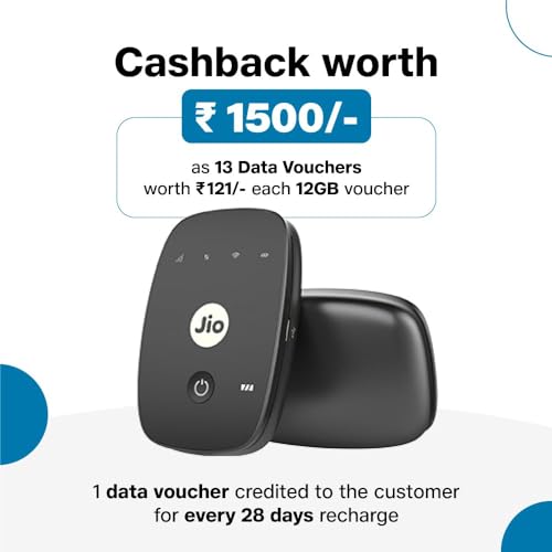 Image of JIO-FI Router M2S- Black with Free 156GB Data Recharge of Rs. 1500 in Form of 13 Data Voucher Worth Rs. 121 Each 2300mAh Battery, Nano SIM, Connect Upto 31 Devices