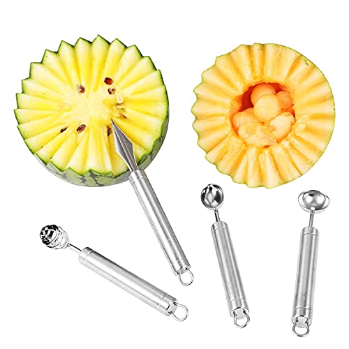 Aolzg Melon Baller Scoop Set 4-Piece, 304 Stainless Steel Different Sizes Round Scoop Small Baller Carving Utensils Tool Set For Fruit, Cantaloupe, Watermelon,Diy, Fruit Spoon Carving Knife #TOP1