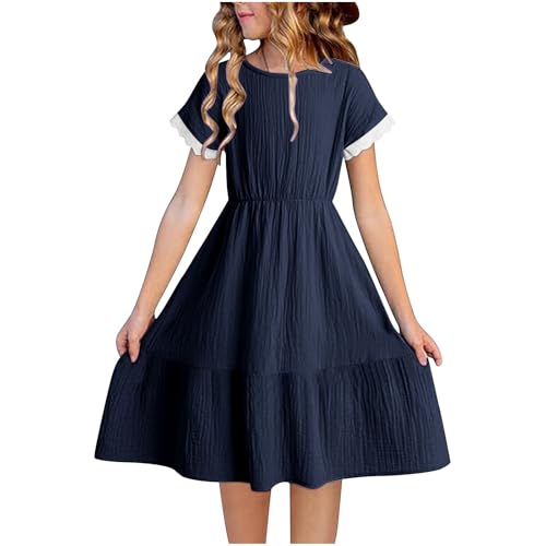 Girls Short Sleeve Dresses Cute Lace Semi Formal Dress Casual Summer Crew Neck Tiered Flowy Dress Cotton Linen Outfits