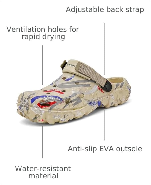 Image of FLIOZY Men's Camouflage Garden Clogs Comfortable Non-Slip Beach & Pool Mules, Lightweight Athletic Outdoor Sandals with Adjustable Back Strap