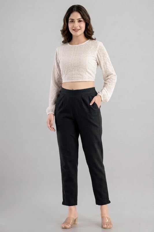 Image of Solid Cotton Woman Trousers Pants Regular Fit Kurti Pant with Drawstring Daily Office Formal Casual Use