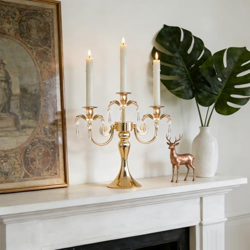 Image of Metal 3 Arm Candelabra with Crystal Pendants - 11.8 Inch Tall Candle Holders, Set of 2 - Elegant Taper Candlestick Stand for Wedding, Dining Table, Christmas Party Home Decoration (2, Gold)