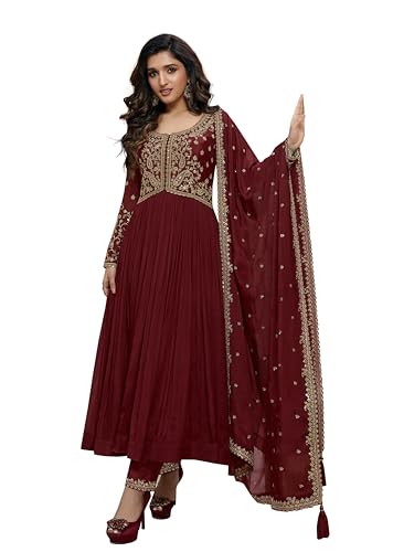 Image of TRENDMALLS Women's Silk Blend Embroidery Sequence Work Anarkali Kurta Pant Set with Dupatta For Women