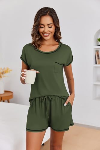 Image of Ekouaer Womens Pajama Sets 2 Piece Soft Short Sleeve Top and Shorts Sleepwear Round Neck Pjs Lounge Set with Pockets