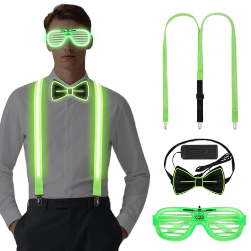 Alaoo Gafas LED Luminosas,3 PCS Luminosa Pajarita,Tirantes Luminosos con 3 Modos de Flash para Carnavales, Festivales de Música, Festividades, Bodas, Halloween y Despedidas de Soltera,Verde