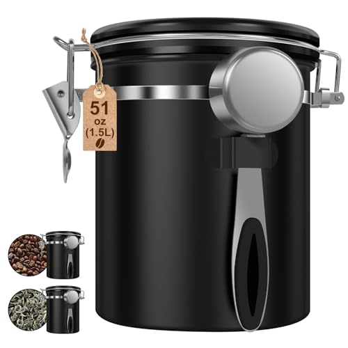 TKSDWBLTY 2PCS Coffee Storage Canister 1.5L 51OZ Double Airtight Coffee Beans Container with Date Locator 304 Stainless Steel Kitchen Food Storage Container with Spoon For Coffee Tea and Sugar