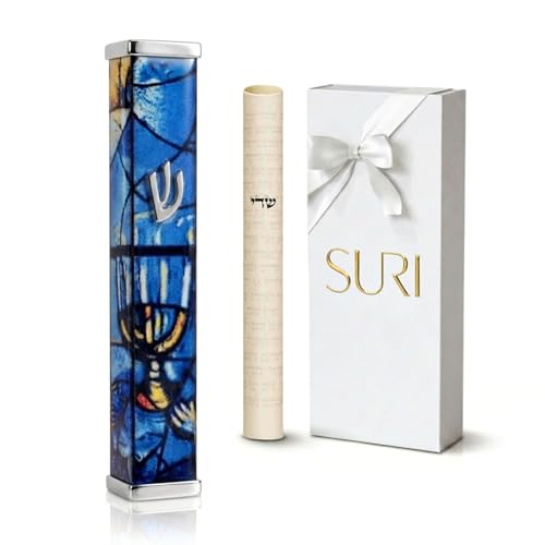 Image of SURI Mezuzah with Scroll for Door | 4 Inch Modern Aluminum Mezuzah Case | Fits 3 Inch Scroll | Gold & Silver Chagall-Inspired Design | Self Adhesive Easy Install | Judaica Jewish Gift