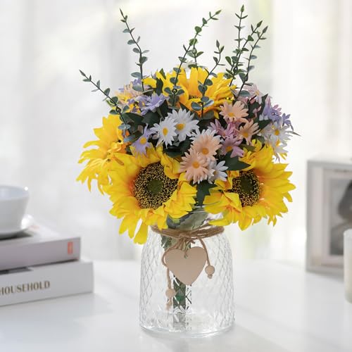 NUPTIO - NUPTIO Artificial Flowers in Vase for Table: Faux Sunflower Bouquet Arrangement in Vase for Home Living Room Kitchen - Fake Decorative Flower Plant Centrepiece for Window Shelf