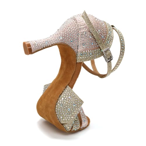 Swdzm FRE-YCL549-PINK+GOLD-7.5-38 Women Rhinestone Ballroom Dance Shoes Latin Salsa Performance Dancing Shoes,Pink+Gold,Heel 3 Inch,Suede Sole,7 Us thumb #7