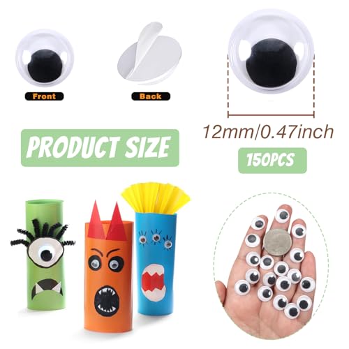 Image of TOAOB 150pcs 12mm Plastic Wiggle Googly Eyes Self Adhesive Black Round Sticker Eyes DIY Arts Crafts Scrapbooking Accessories