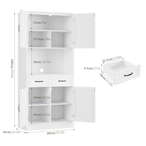 HOCSOK Credenza Cucina Alta, 180cm Mobile Dispensa Cucina, Armadio Buffet con 4 Ante e 2 Cassetti, Vetrina Cucina con Ripiani Regolabili, Bianca - immagine 3