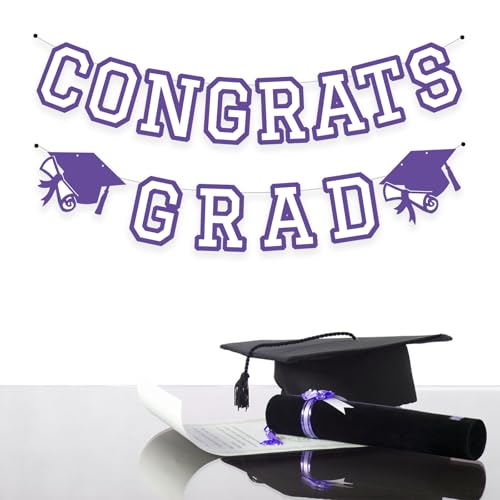 Image of Congrats Grad Banner Graduation Party Banner Decoration Hanging Garland High School College Backdrop Supplies Purple White