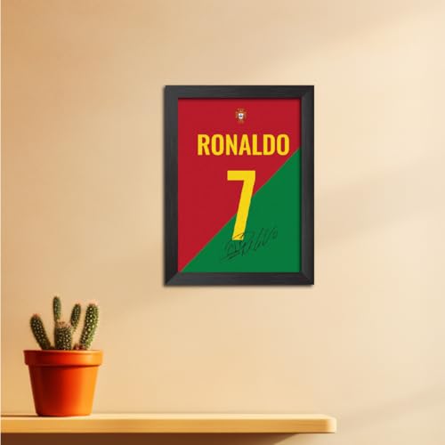 Image of TenorArts Cristiano Ronaldo Poster Frame Portugal Jersey Laminated Photo Print Signature Framed Painting with Matt Finish Black Texture (12 inches x 9inches)