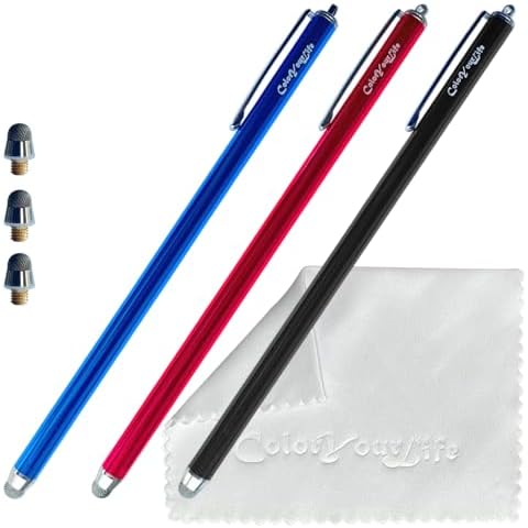 ColorYourLife 3-Pack 7.3’’ Fine Micro-Knit Mesh Tip Capacitive Stylus Pens for Touch Screens with Replaceable Mesh Tips, Extra Long Universal Stylus Pens and Cleaning Cloth (Black, Blue, Red) Cover