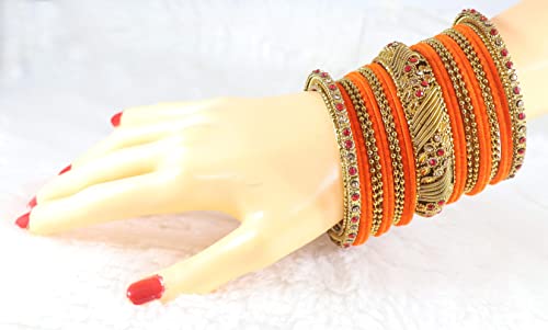Image of NMII Metal with Zircon Gemstone and Beads Studded Ball Chain Linked Glossy Finished Velvet Bangles Chuda set for Women and Girls