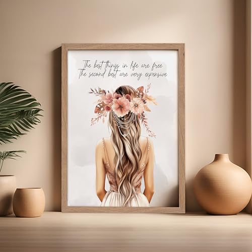 Image of Poster Master The Best Thing In Life Are Free Poster - Fashion Print - Trendy Art - Flower Art - Gift for Women & Fashionista - Funny Glamour Decor for Bedroom or Girl's Room, 16x20 Beige Framed